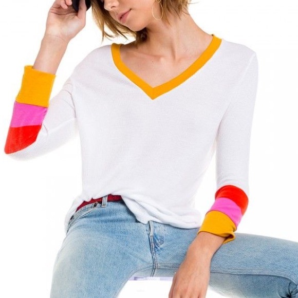 Wildfox Tops - Wildfox Leroy Colorblock V-neck Long Sleeve Tee